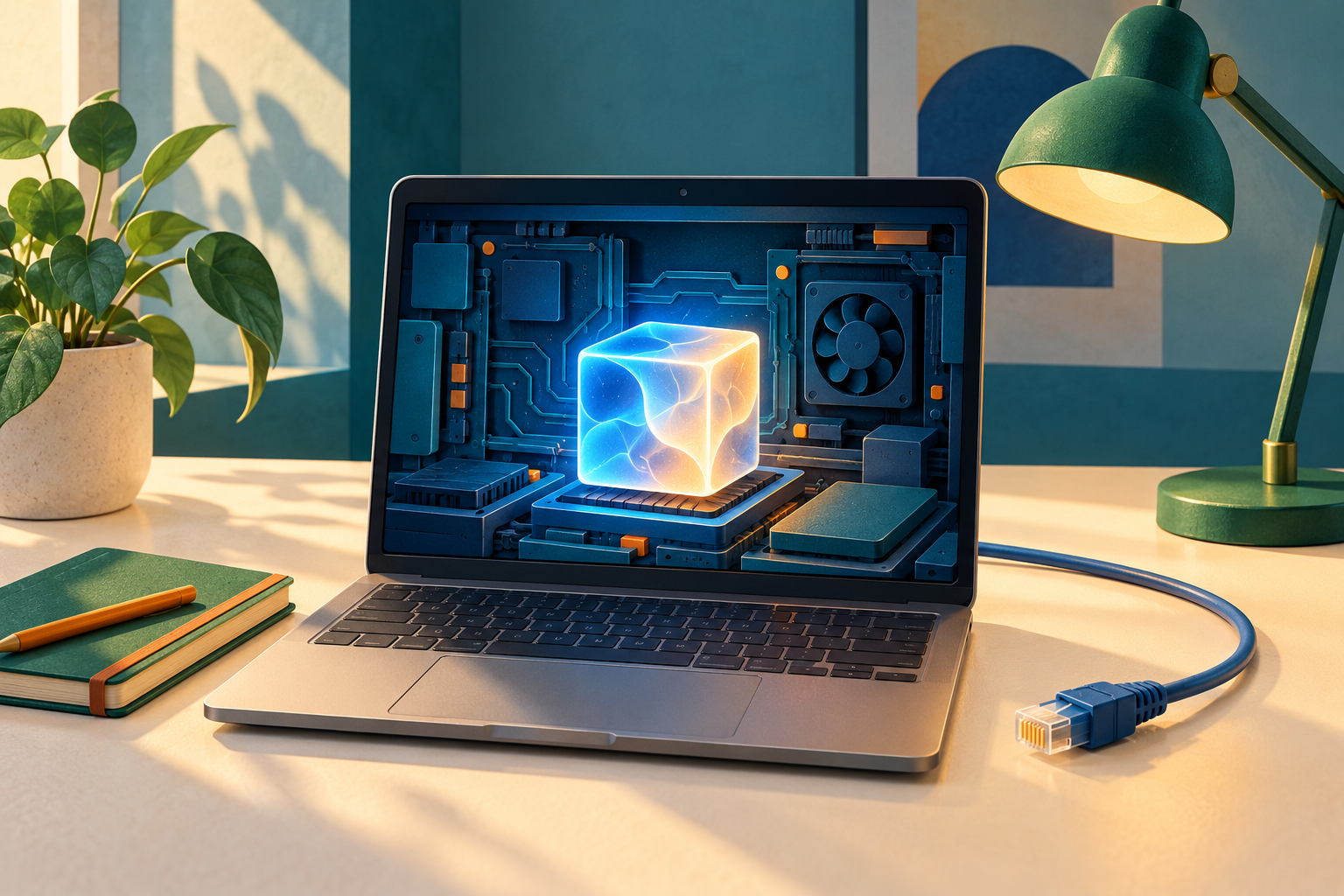 Illustration of a laptop containing a glowing AI cube beside a disconnected network cable