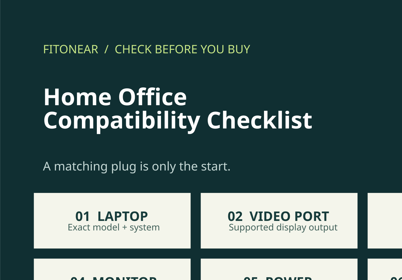 FitOnear home office compatibility checklist showing six checks: laptop, video port, cable, monitor, power and repeat testing.