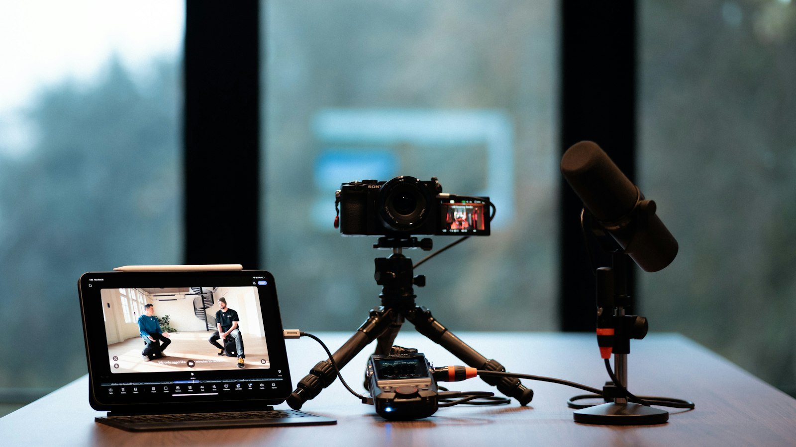 Camera, monitor and microphone set up for recording a YouTube video